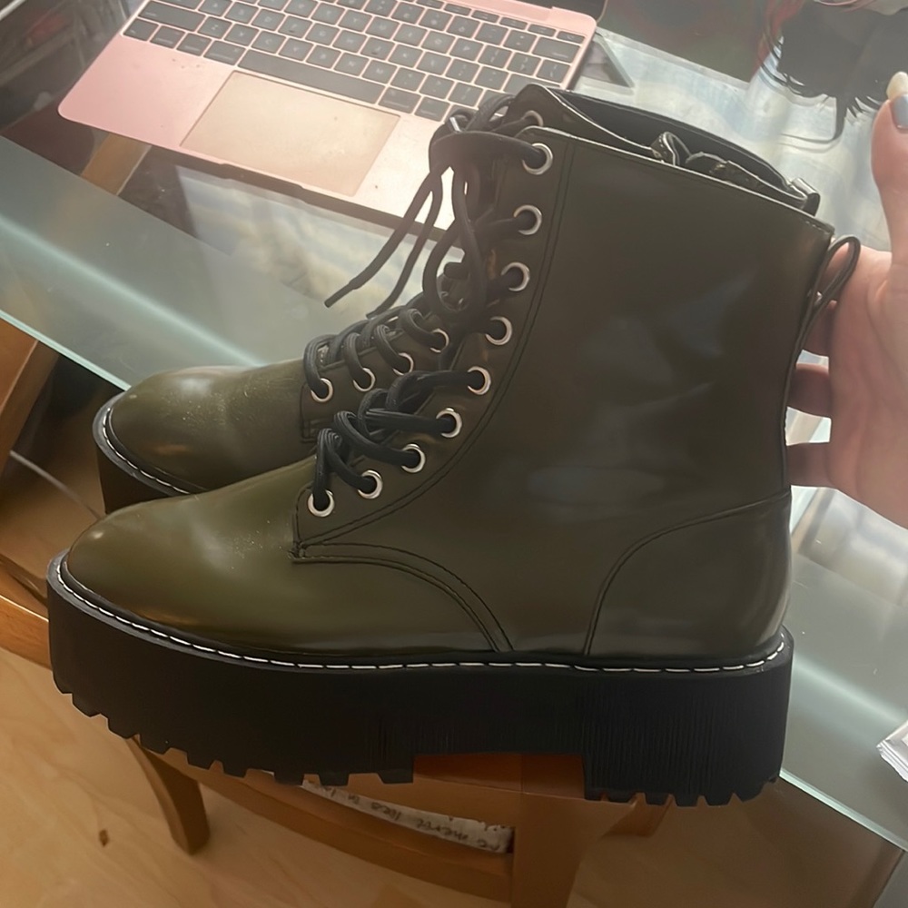 Like new green vegan patent leather combat boots